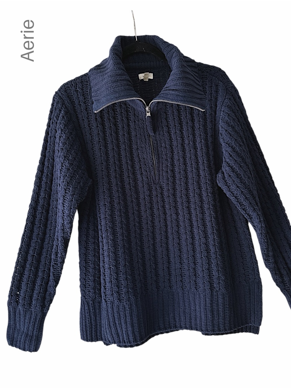 AERIE NWOT CABLE CAR QUARTER-ZIP SWEATER NAVY BLUE OVERSIZED | XS
